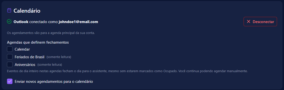 Cartão de calendário conectado ao Outlook, com as agendas que definem fechamentos