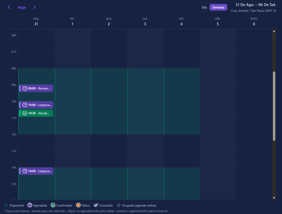 Calendário da semana com horários disponíveis e agendamentos marcados