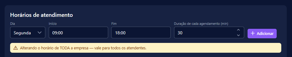 Formulário de horários de atendimento, com dia, início, fim e duração