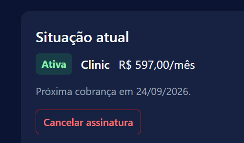 Card de situação atual da assinatura, com status, plano e datas