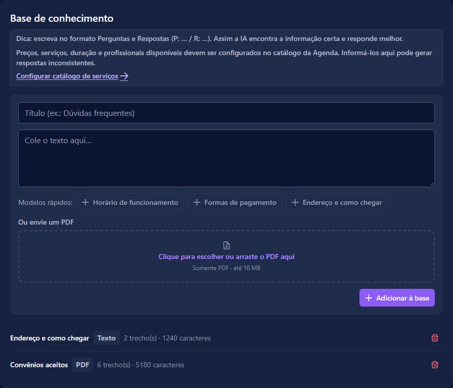 Base de conhecimento com um documento adicionado