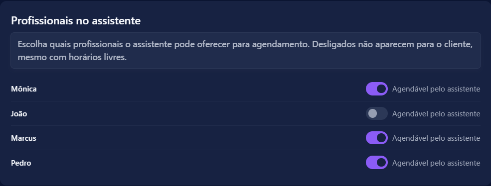 Lista de profissionais com a chave de agendável pelo assistente