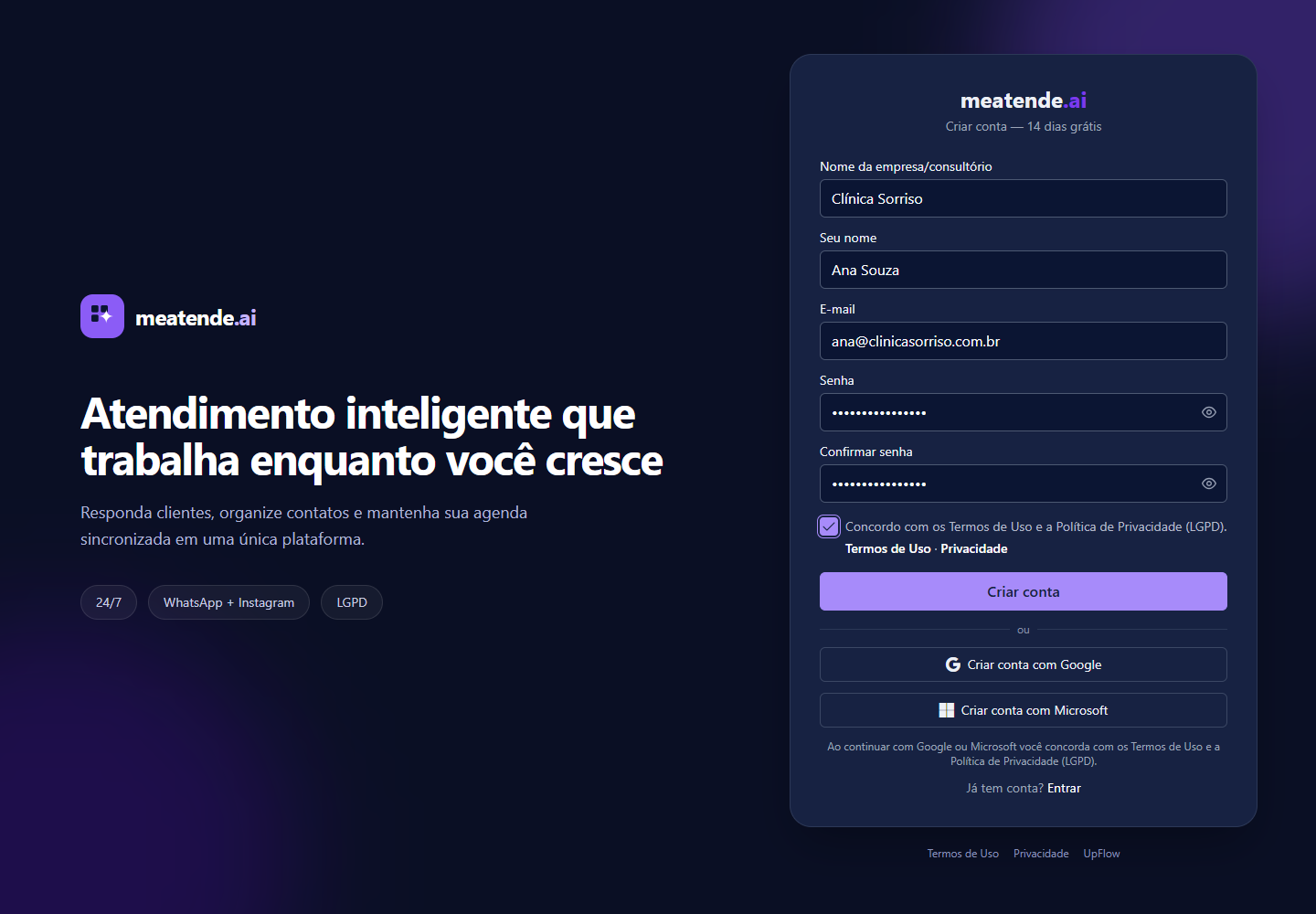 Formulário de criação de conta preenchido