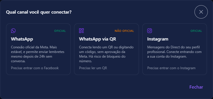 Escolha do tipo de canal, o primeiro passo da janela de conexão