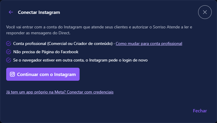 Passo de conexão do Instagram