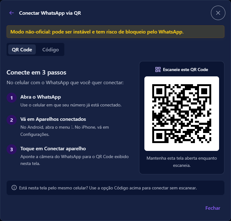 Passo de conexão do WhatsApp por QR Code