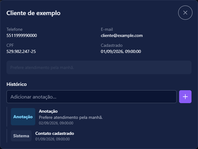 Ficha do contato com telefone, e-mail, CPF e histórico de anotações