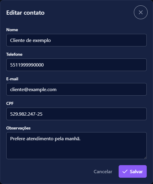 Formulário de edição de contato com nome, telefone, e-mail, CPF e observações