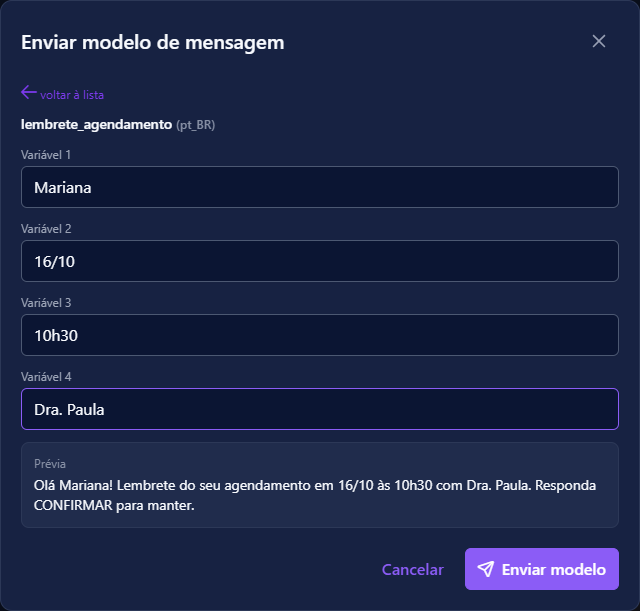 Janela de escolha de modelo de mensagem do WhatsApp com a prévia preenchida