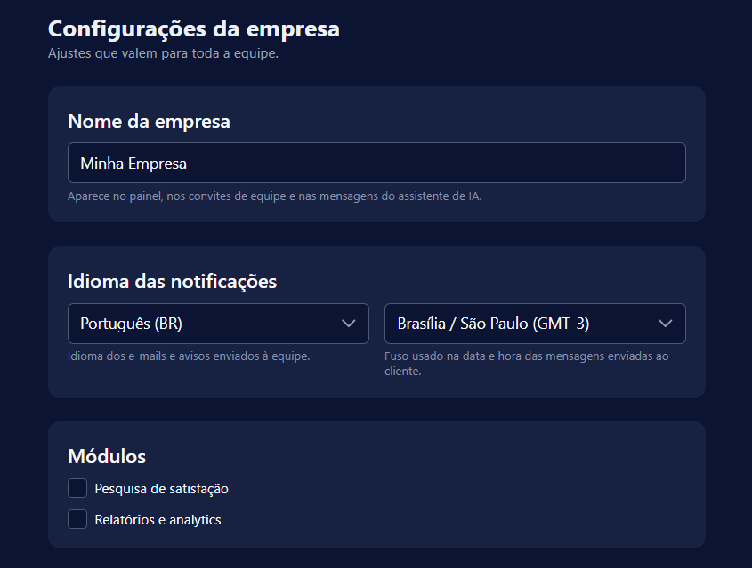 Tela de configurações da empresa com nome, idioma e fuso horário
