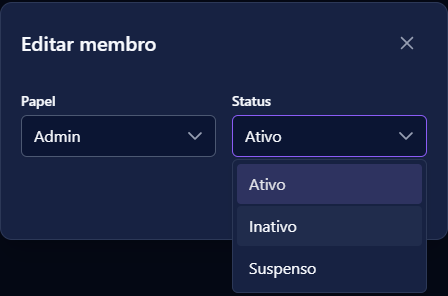 Janela de edição de um membro, com papel e status