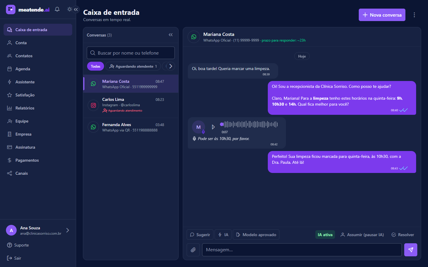 Conversa na caixa de entrada respondida pelo assistente