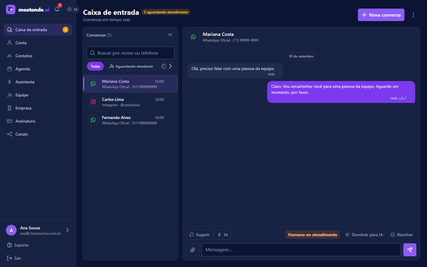Fila compartilhada com duas solicitações de atendimento humano nos contadores do menu e da caixa de entrada