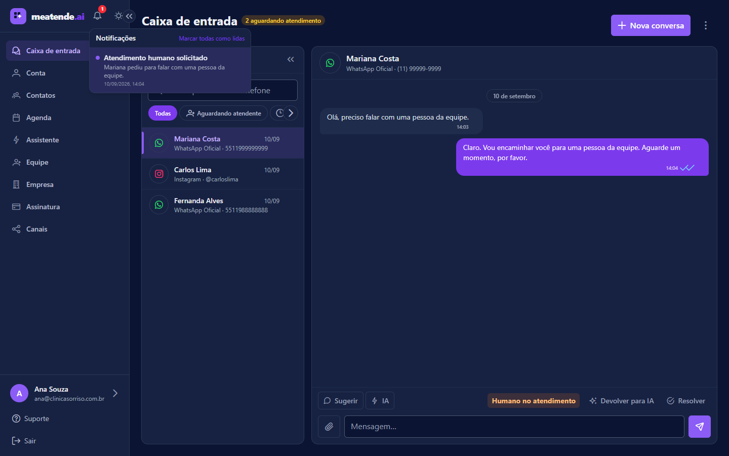 Sino com a notificação persistente de atendimento humano solicitado