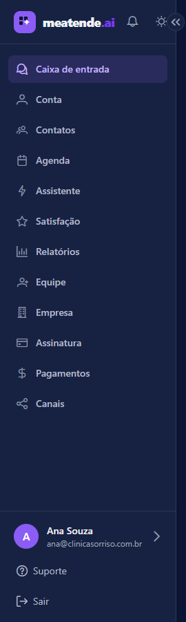 Menu lateral do painel com os itens de navegação