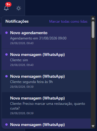 Lista de notificações aberta a partir do sino