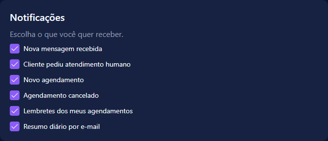 Card de notificações com as cinco opções e suas caixas de seleção