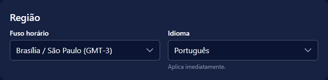 Card de região com os campos de fuso horário e idioma
